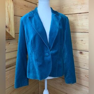 Cotton Velvet Women's Teal Blue Blazer Size 12 Old Money Quiet Luxury Satin Line